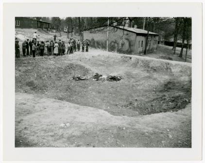 Nach der Lagerbefreiung: Die Leichen auf dem Lagergelände werden ins südliche Massengrab gelegt, April 1945